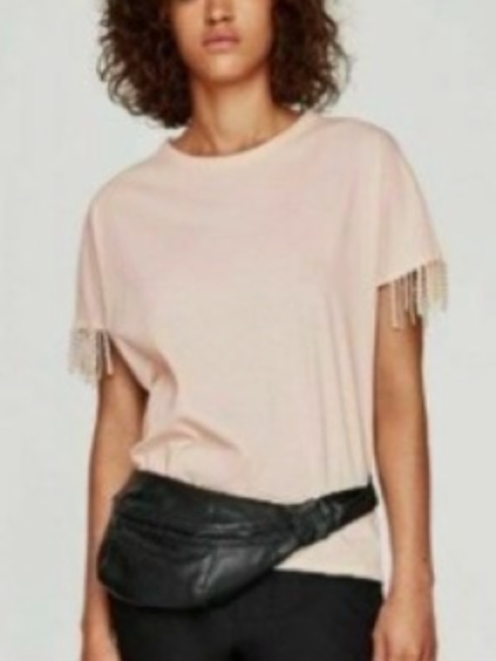 ❤️💕 Zara Women’s Fringe  pearl Sleeve Tee - Blush Pink large